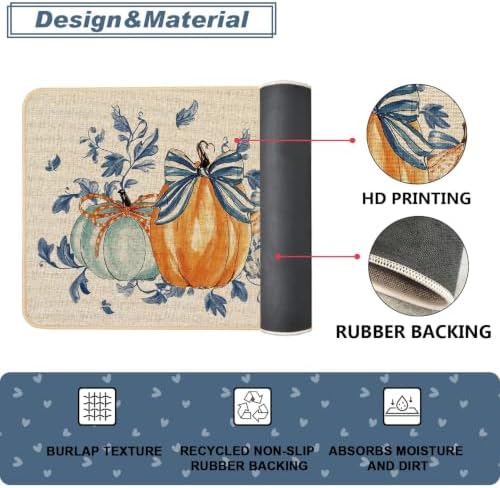 Baccessor Fall Kitchen Rugs Set of 2, Pumpkin Blue Leaf Kitchen Mats for Floor Washable Low-Profile Autumn Holiday Home Indoor Outdoor Decor 17x29 and 17x47 Inch