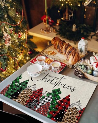 Merry Christmas Placemat 1PC, Buffalo Plaid Xmas Tree Winter Forest Farmhouse Heat Resistant Washable Table Place Mats Red Green Table Linens Party Holiday Decor for Kitchen Dining Outdoor Indoor