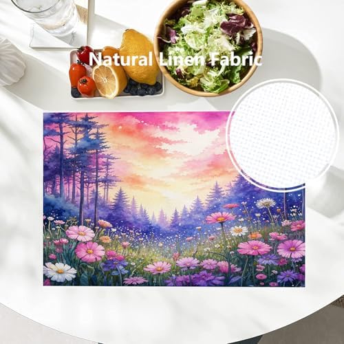 Batmerry Forest Flowers Sunset Linen Placemats Set of 8, Beautiful Forest Sunset Scene Washable Table Mats for Kitchen Table Thickened Heat Insulation Dining Set Indoor Outdoor 12X18 in