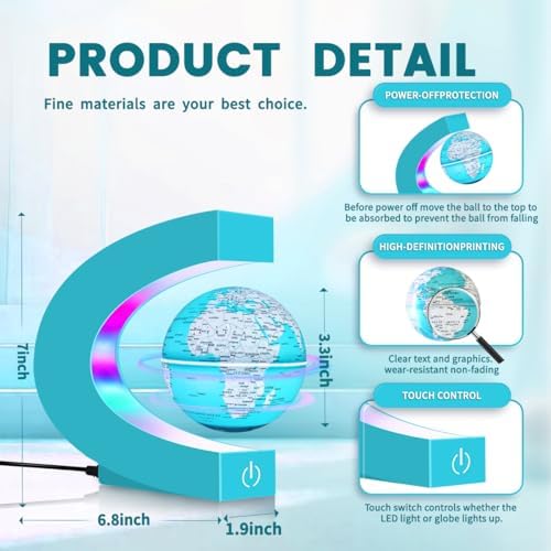 Magnetic Levitating Floating Globe with 7 Colored Lamp, Cool Tech Gadgets Gifts World Globe Lamp for Men Father Teenage Boys Girls, Birthday Gifts Desk Decor Office Home Display Frame
