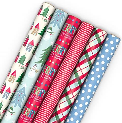 Hallmark Cute Recyclable Christmas Wrapping Paper (6 Rolls: 180 Sq. Ft. Total) Red, Blue, Green Plaid, Merry Everything, Colorful Houses, Snowmen and Trees, Dots, Stripes