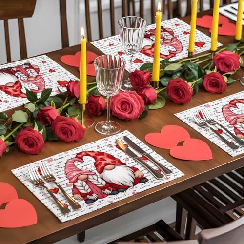 Valentine's Day Placemats Set of 6, Gnome Couple Place Mats Washable Dining Table Mats Wedding Anniversary Party Romantic Valentines Decor for Kitchen&Linens Outdoor Indoor, Red Love Heart Letter