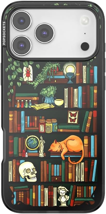 PopSockets iPhone 17 Pro Max Phone Case with MagSafe- Storied Shelves | Magnetic, Wireless Charging, Camera & Drop Protection, Bookish, Book, Reading