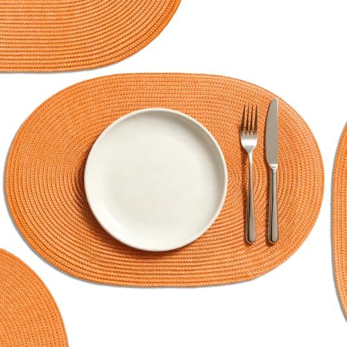 AHHFSMEI Placemats Set of 6 for Dining Table Washable Woven Non-Slip 18x12 inches Placemat Heat-Resistant Durable Table Mats for Dining Table Easy to Clean(Oval Orange,6)