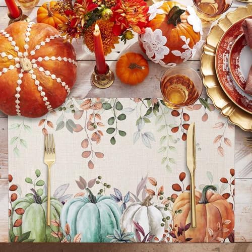 Fall Thanksgiving Placemats Set of 6, Autumn Pumpkins Eucalyptus Leaves Heat Resistant Washable Dining Table Mats Fall Holiday Farmhouse Decor for Kitchen&Linens Outdoor Indoor, Blue Sage Green Orange