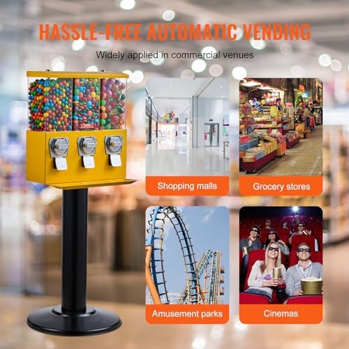 VEVOR Commercial Vending Machine, Triple Compartment Candy Dispenser with Iron Stand, Gumball and Candy Machine for Business, Coin Operated Gumball Bank for Toy Capsules Bouncy Balls Candy Nut, Yellow