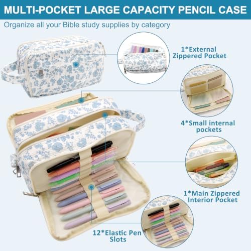 BtyHomShelf Bible Study Supplies, 50 Pack Bible Journaling Kit for Women with Tabs, Highlighter Set,Notebook, Pen Case and Storage Bag,No Bleed Annotation Kit for Christian Gifts (50PCS,Blue Floral)