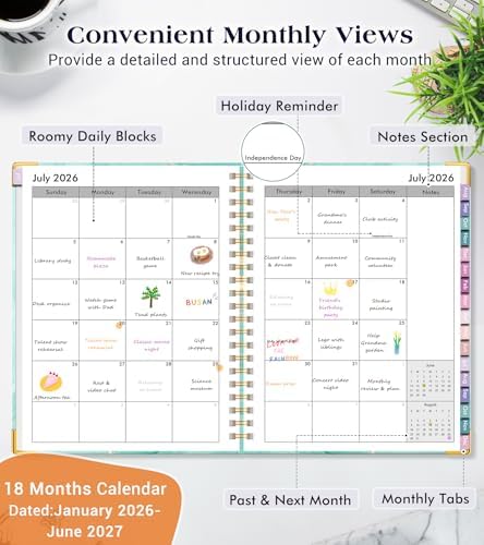 Academic Planner 2026-2027, 18 Months Weekly and Monthly Hardcover Planner, July 2026 - December 2027, 8.5" x 11" A4 Large Daily Calendar Planner Book with Tabs, Spiral College School Agenda Organizer for Student Teacher, Teal Marble