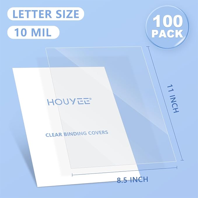 HOUYEE 100 Pack 10 Mil Clear Binding Presentation Covers,PVC,8.5" x 11" | Clear Covers for Binding, Transparent Plastic Binding Covers, Square Corner, Letter Size, for School Office