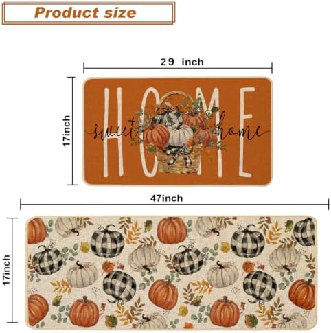 Baccessor Fall Pumpkin Basket Kitchen Rugs Set of 2,Thanksgiving Autumn Home Sweet Home Farmhouse Mat Washable Non Slip Low-Profile Indoor Floor Holiday Hallway Laundry Sink Decor 17x29 and 17x47 Inch