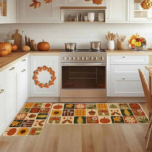 Baccessor Fall Kitchen Rugs Set of 2, Pumpkin Harvest Patchwork Kitchen Mats for Floor Washable Low-Profile Farmhouse Autumn Holiday Home Indoor Outdoor Decor 17x29 and 17x47 Inch