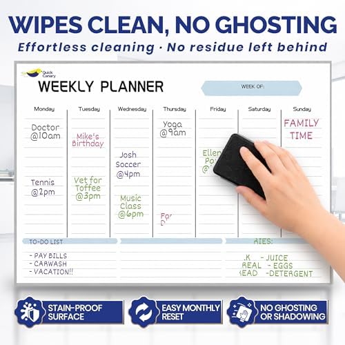 Large Magnetic Weekly Planner for Fridge, Dry Erase Whiteboard Magnet | 17x12" Stain-Resistant Surface, Strong Full-Back Magnet, 7-Day Weekly Planner for Meals & Chores, 4 Markers & Eraser