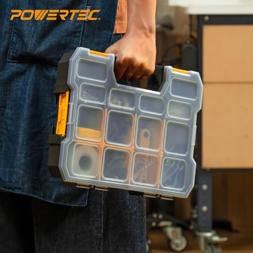 POWERTEC Small Parts Organizer & Tool Box – 14 Compartments, Stackable Storage with Interlocking Latch, Removable Dividers, Clear Lid, Portable Design, 2-Pack (72364-P2)