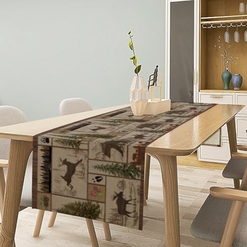 Rustic Moose Deer Bear Table Runner, Retro Vintage Bear Cottage Country Style Cabin Farmhouse Dinner Runner for Home Kitchen Dining Table Decoration 13x60inch