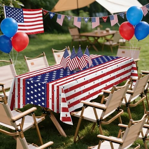 CXPSINC 54 Inch X 100 Feet 4th of July Patriotic Plastic Table Cover Roll Disposable American Flag Tablecloth with Slide Cutter for Veterans Day, Patriotic, Memorial, Fourth of July, Independence