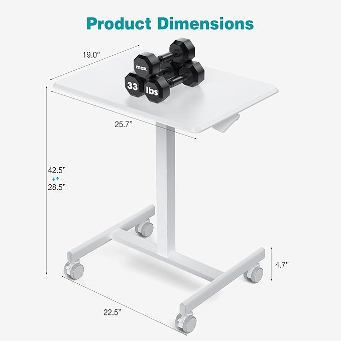 DUMOS Small Standing Desk with Wheels, Laptop Desk, 19 Inch | Portable Rolling Design, Adjustable Height Workstation, Home Office Mobile Station, White