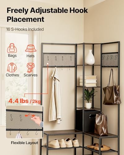VEVOR Corner Hall Tree with Shoe Bench, 70.9 in Coat Rack with Hooks and Steel Frame, Freestanding Clothes Shoes Rack Storage Organizer with Anti-Tip Set, for Entrance, Closet, Office, Rustic Brown