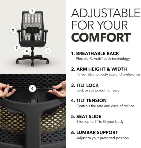 HON Ignition 2.0 ReActiv Ergonomic Office Chair, Lumbar Support, Black
