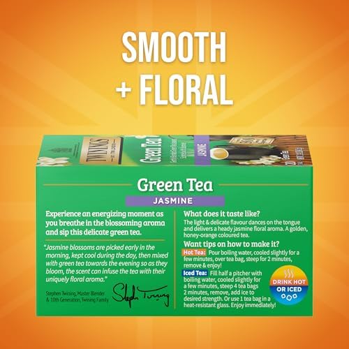 Twinings Green Tea with Jasmine Individually Wrapped Bags, 20 Count (Pack of 1), Fragrant Floral Scent, Caffeinated, Enjoy Hot or Iced, 20 Teabags