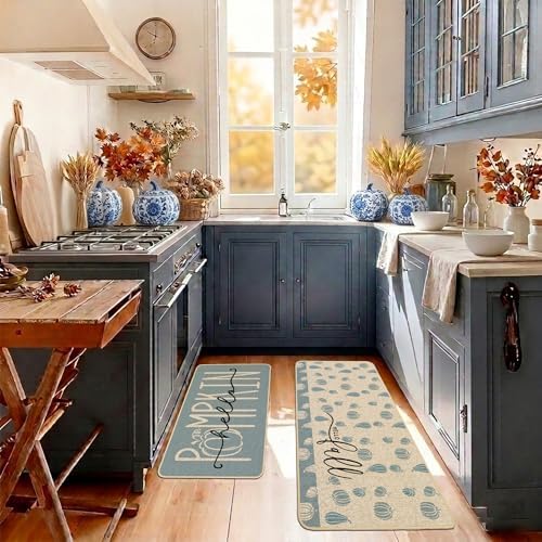 Baccessor Fall Kitchen Rugs Set of 2, Blue Pumpkin Kitchen Mats for Floor Washable Low-Profile Farmhouse Autumn Holiday Home Indoor Outdoor Decor 17x29 and 17x47 Inch