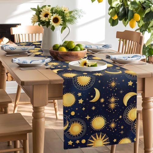 Fantasy Galaxy Table Runner Dresser Scarf 13 x 72 Inch Golden Planet Universe Sun Moon Stars Retro Table Runners Non-Slip Heat Resistant Kitchen Dining Table Decor for Home Holidays Indoor Outdoor