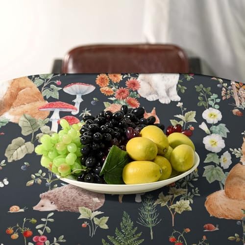 Watercolor Forest Tablecloth, Rustic Woodland Animals Squirrel Rabbit Fox Wild Flower Mushroom Leaves Print Table Cloth Cover for Kitchen Dining Indoor Outdoor Decor 60x90in