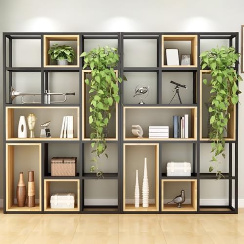 Wood Industrial Cube Bookcase with Shelves & Open Back Iron Bookshelf Floor Steel & Wood Shelf Multi-Layer Shelf Storage Rack Office Partition Display Rack Natural 94.5" L x 9.8" W x 78.7" H