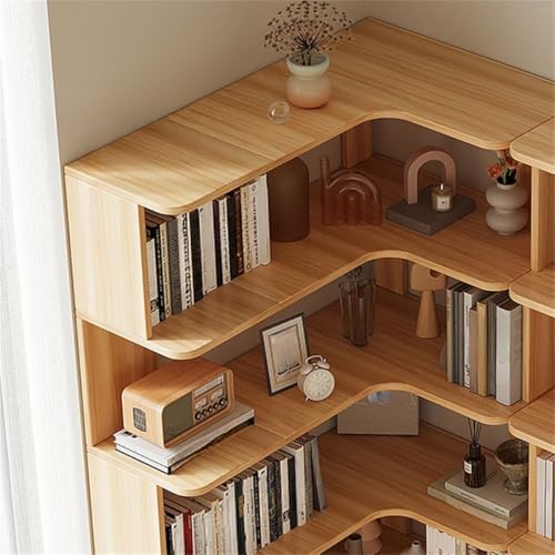 Vertical Wall Corner Shelf with Open Back 6-Shelf Wood Corner Bookshelf Floor Book Rack Multi-Layer Storage Shelf Against the Wall Bookcase Natural 24" L x 24" W x 63" H