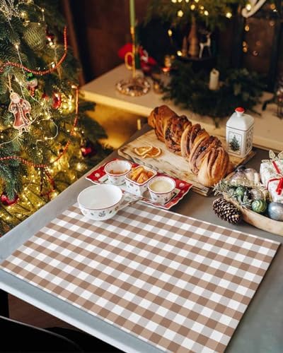 Rustic Brown White Buffalo Check Plaid Pattern Placemats Set of 4, Farmhouse Heat Resistant Washable Table Place Mats Cotton Table Linens Party Holiday Decor for Kitchen Dining Outdoor Indoor