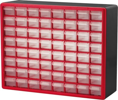 Akro-Mils 64-Drawer Plastic Storage Cabinet, 20" W x 6" D x 16" H, Red