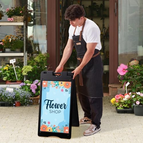 Jumbl A-Frame Signboard 15.7” x 26” Display Surface – Small Outdoor Sandwich Board w/Weather Resistant PVC Sign Protector & Sand Fill Holes – Dual Signage Stand for Storefront Sidewalk Curb (Black)