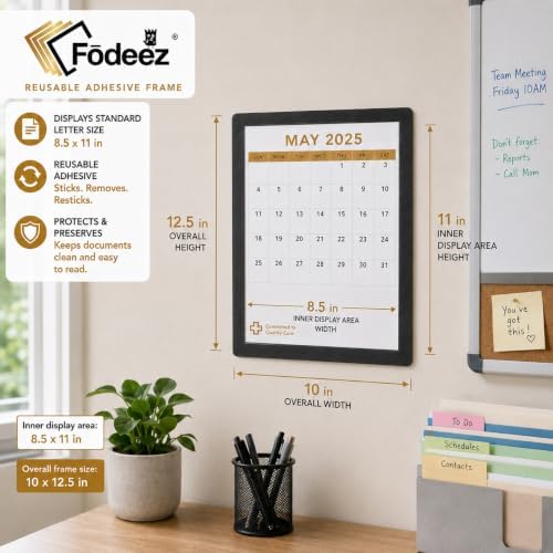 8.5 x 11 Adhesive Wall Frames - Peel & Stick Picture Frames, Wall Sign Holder, Paper & Letter Protector Sheets, Reusable, Dry Erase, Non Magnetic & Non Acrylic - Black, Pack of 5