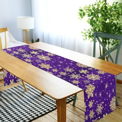 ALAZA Double-Sided Winter Violet Purple with Gold Snowflakes Christmas Table Runner 14x108 Inches Long,Table Cloth Runner for Wedding Birthday Party Kitchen Dining Home Everyday Decor