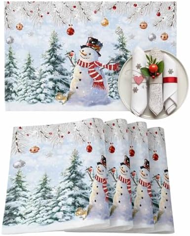 Snowman Placemats Set of 6, Blue Merry Christmas Tree Red Balls Squirrel Heat Resistant Washable Table Place Mats Winter Cotton Table Linens Party Holiday Decor for Kitchen Dining Outdoor Indoor