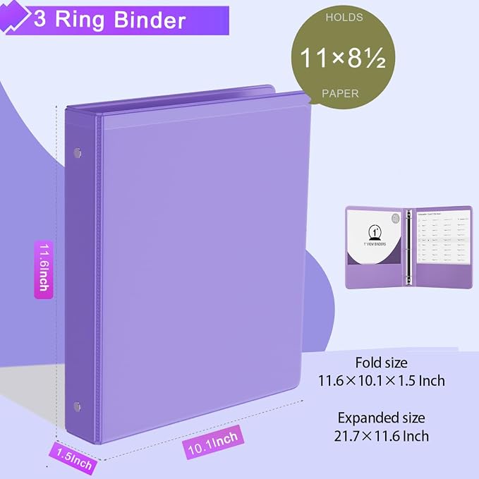 1-Inch Binder 3 Ring, Round Ring with 2 Interior Pockets, Holds 200 Sheets Letter Size Paper, Durable Plastic View Binders for School, Office, and Home