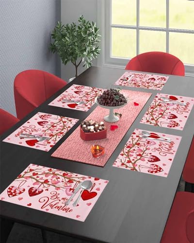 Pink Valentine's Day Placemats Set of 6, Red Love Heart Tree Heat Resistant Washable Table Mats Be My Valentine Cotton Table Linens Party Holiday Decor for Home Kitchen Dining Table Outdoor Indoor
