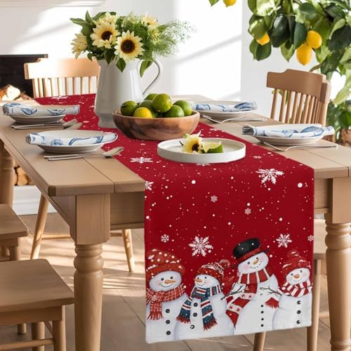 Christmas Snowman Red Table Runner Dresser Scarf 13 x 72 Inch Cute Xmas Snowman Snowflakes Winter Table Runners Non-Slip Heat Resistant Kitchen Dining Table Decor for Home Holidays Indoor Outdoor