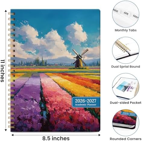 Large Planner 2026-2027, A4 (8.5" x 11") Hardcover Weekly & Monthly Planner July 2026 - June 2027 with Monthly Tabs, Academic Planner for School, Work and Office, Tulip Fields