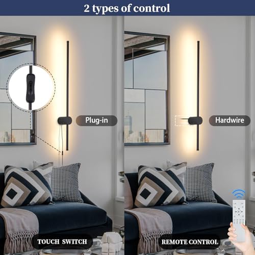KELUOLY Dimmable Plug in Wall Sconce Set of 2,Black 31.5" LED Wall Light with Remote,Adjustable Color Temperature Brightness,Wall lamp with Timer for Living Room,Bedroom and Accent Lighting