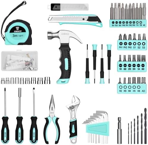 DEKOPRO Drill Set: Tool Set with 8V Cordless Drill, Home Tool Kit with Drill, Hand Tool Kits for Women 126 Piece, Turquoise