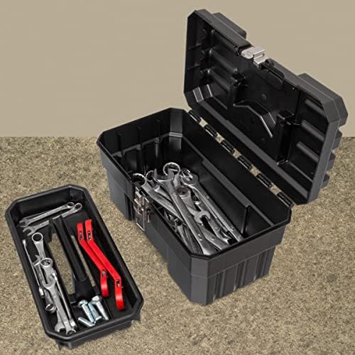 Akro-Mils 14" Plastic Toolbox with Removable Tray,Steel Latch & Padlock Eye,Industrial-Grade Tool Box for Tools,Crafts,First Aid & Hobby Supplies, 14"x8"x8",Made in USA, Black (09514) (Pack of 6)