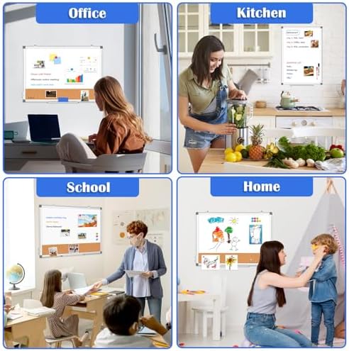 Whiteboard Cork Board Combo for Wall, 24" x 18" Dry Erase Whiteboard