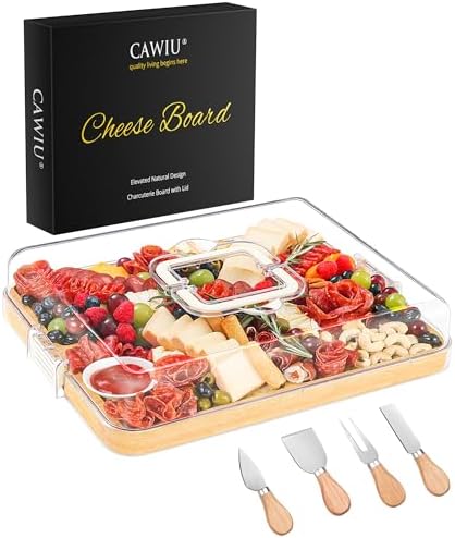 CAWIU Large Charcuterie Board with Lid, Portable Cheese Board & Snack Tray