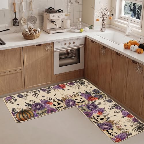 Baccessor Halloween Kitchen Rugs Set of 2, Purple Flowers Spooky Pumpkin Kitchen Mats Low-Profile Non Slip Washable Rugs for Floor Home Decor 17x29 and 17x47 Inch