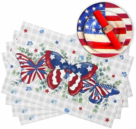 4th of July Placemats Set of 4, Patriotic Star Butterfly Heat Resistant Washable Dining Table Mats Summer Farmhouse Decor for Kitchen&Table Linens Outdoor Indoor, Eucalyptus Leaves Grey Buffalo Plaid