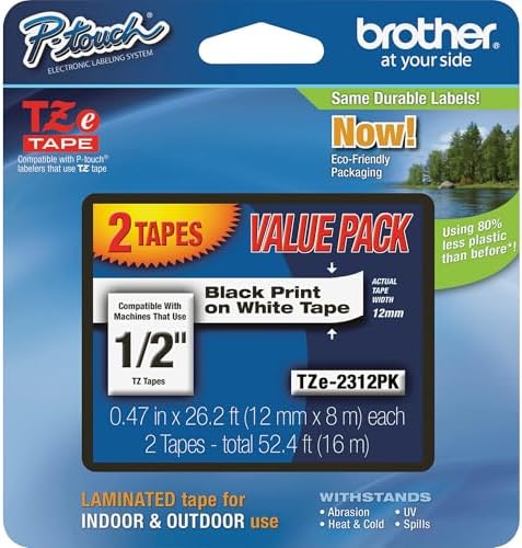 Brother Genuine P-Touch, TZe-231 2 Pack Tape (TZE2312PK) ½”(0.47”) x 26.2 ft. (8m) Laminated P-Touch Tape, Black on White (Pack of 2)