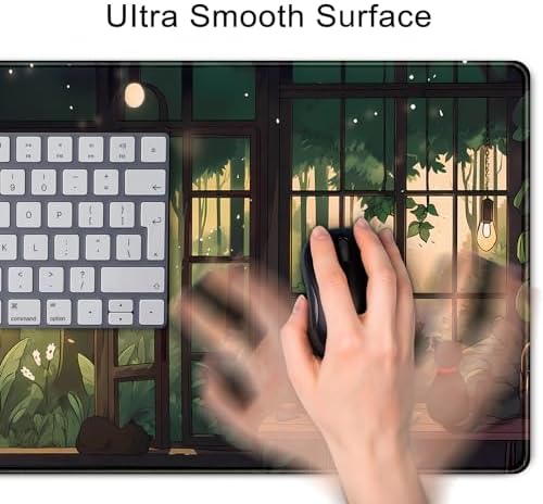 Cute Lofi Desk Mat Green Plants Mouse Pad Large Black Cat Aesthetic Desk Pad Kawaii Anime Extended Gaming Mousepad XL Laptop Keyboard Mouse Mat Deskmat 31.5"x11.8" Cute Office Decor