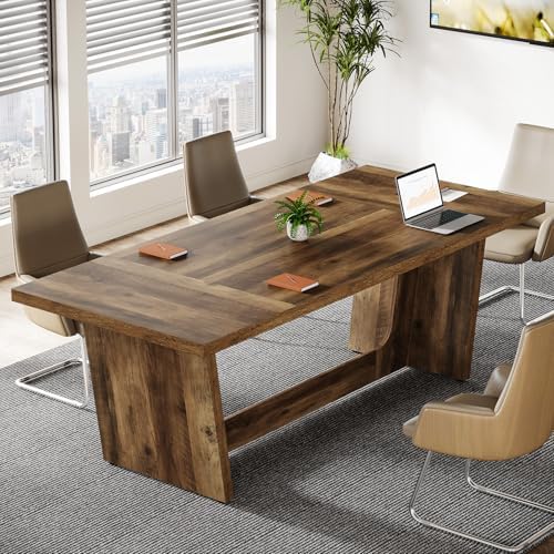 Tribesigns 6 FT Conference Room Table, 71”Large Executive Seminar Desk for 6–8 People, Rectangular Meeting Table for Office, Heavy-Duty Business Boardroom Table with Wooden Pedestal Base, Dark Brown