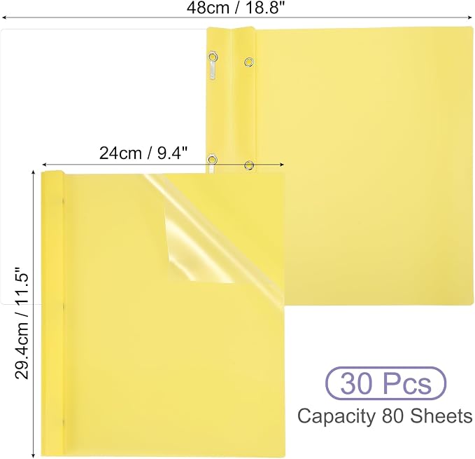 PATIKIL Plastic Report Covers with Prong, 30 Pcs 80 Sheet Clear Front Presentation Binders with 3 Metal Prong Fasteners Report Folder for Resume Documents Files Letter, Yellow