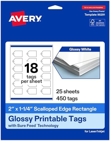 Avery Printable Rectangle Scalloped Tags, Sure Feed Technology, 2" x 1-1/4", Glossy White Cardstock, Print-To-The-Edge, Laser/Inkjet Printable, 450 Total, Great for Custom Gift or Branding Tags